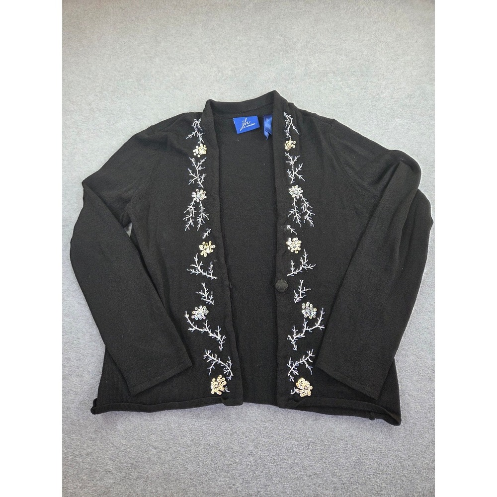 j.h. collectibles Womens Sequin Floral Beaded Cardigan Sweater L Black Evening